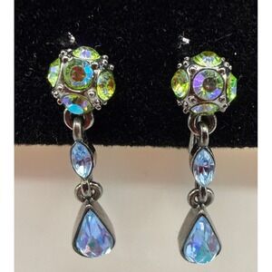 Givenchy Vintage Iridescent Crystal Drop Screw Back Earrings Gunmetal Blue Green